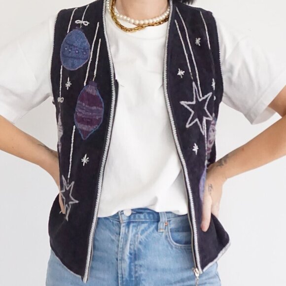 Vintage Christopher & Banks Navy Embroidered Christmas Ornaments Zip Vest S - Picture 1 of 9